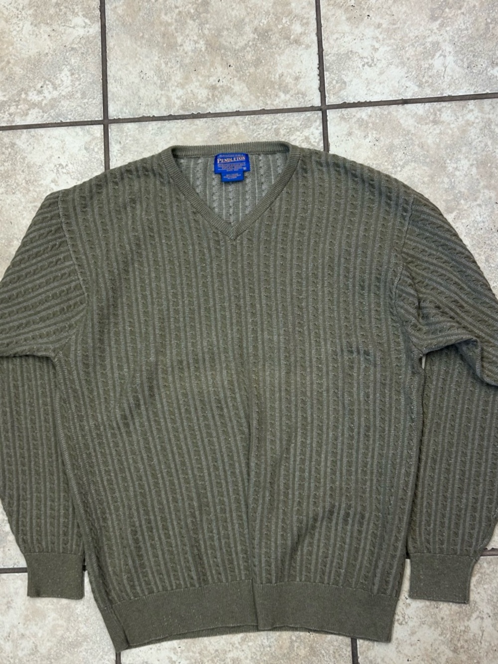 Pendleton Olive Green Cable-Knit V-Neck Sweater Men Large